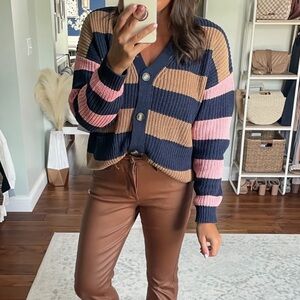 Time and Tru Navy Blue Tan Pink Striped Cardigan Sweater